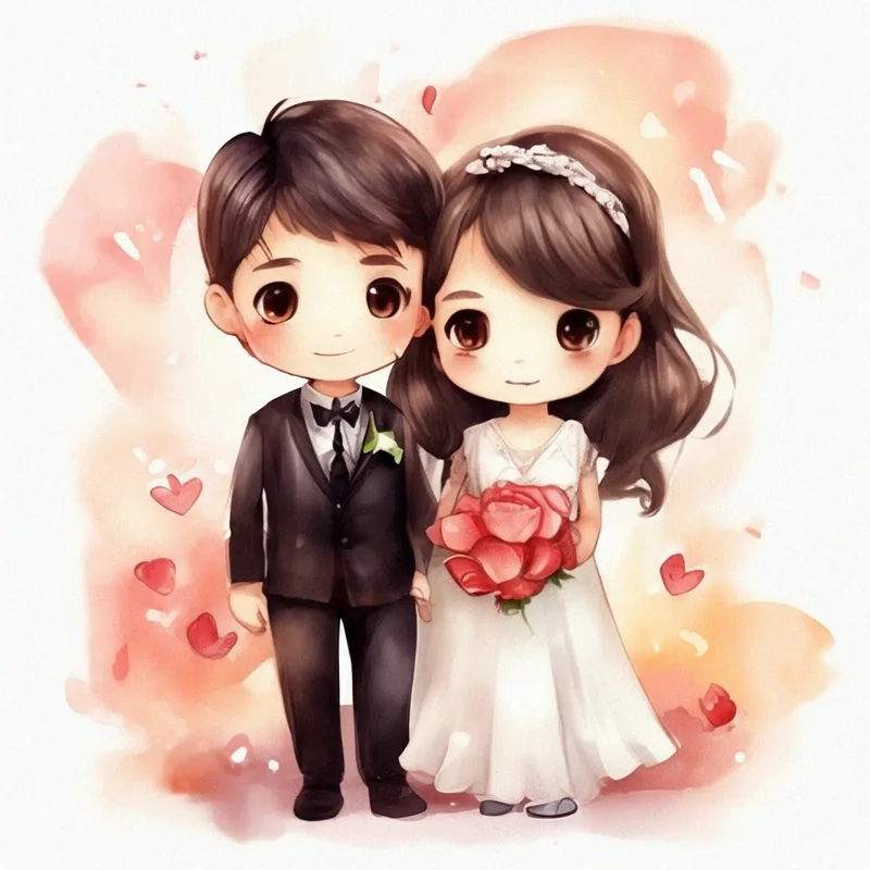 Cô dâu chú rể chibi vector dễ thương cho thiết kế