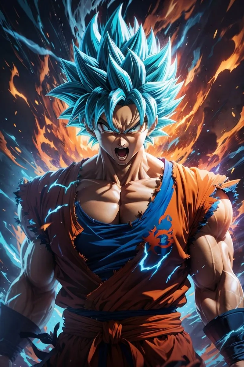 Hình ảnh Goku tóc xanh tràn đầy năng lượng và mạnh mẽ trong mọi trận đấu